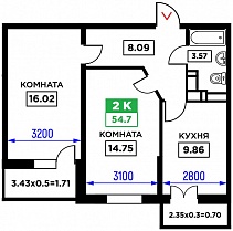 2-комнатная квартира 52,86 м2 ЖК «Открытие»