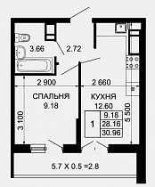 1-комнатная квартира 30,96 м2 ЖК «Лучший»